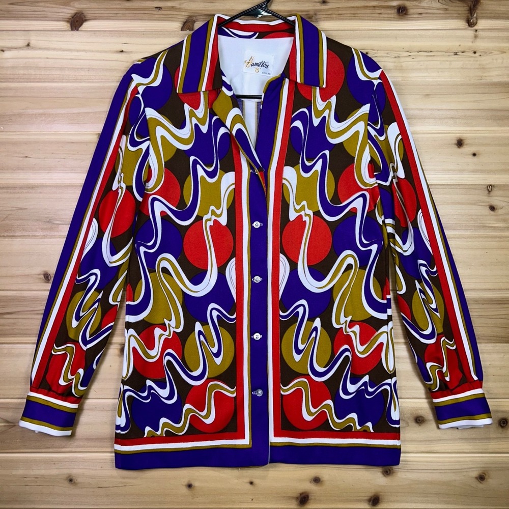 Vintage Hamilton Blouse Womens 8 Multicolor Psychedelic Print Long Sleeve Shirt